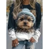 Kadın Uzun Kollu Bisiklet Yaka Köpek Baskılı Şardonlu Dalgıç Bluz