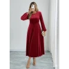 Kadın Uzun Kollu Bisiklet Yaka Midi Kadife Elbise