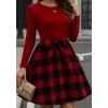 Kadın Uzun Kollu Bisiklet Yaka Üst Viskon Alt Ekose Kısa Elbise