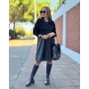 Kadın Uzun Kollu Kapüşon Ve Deri Detay Diz Üstü Elbise
