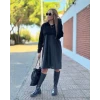 Kadın Uzun Kollu Kapüşon Ve Deri Detay Diz Üstü Elbise