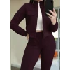 Kadın Uzun Kollu Önden Fermuarlı Kısa Modal Mor Ceket Ve Pantolon İkili Takım