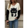 Kadın Uzun Kollu V Yakalı Kedi Baskılı Şardonlu Dalgıç Bluz
