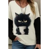 Kadın Uzun Kollu V Yakalı Kedi Baskılı Şardonlu Dalgıç Bluz