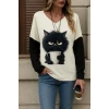 Kadın Uzun Kollu V Yakalı Kedi Baskılı Şardonlu Dalgıç Bluz
