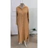 Kadın Uzun Kollu Yakalı Önden Düğmeli Geniş Kesim Detaylı Uzun Elbise
