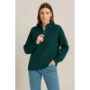 Kadın Yarım Fermuarlı Triko Kazak – Selanik Örgü, Dik Yaka, Pamuklu Dokuma, Oversize Uzun Kollu Kışlık Model - Haki