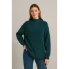 Kadın Yarım Fermuarlı Triko Kazak – Selanik Örgü, Dik Yaka, Pamuklu Dokuma, Oversize Uzun Kollu Kışlık Model - Haki