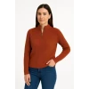 Kadın Yarım Fermuarlı Triko Kazak – Selanik Örgü, Dik Yaka, Pamuklu Dokuma, Oversize Uzun Kollu Kışlık Model - Kiremit
