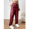 Kadın Yüksel Bel Bağcıklı Deri Pantolon