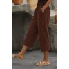 Kadın Yüksel Bel Lastikli Yandan Dügme Detaylı Midi Pantolon