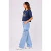 Kedi Baskılı Oversize Crop Tişört Salaş Basic Yarım Kol T-shirt - Lacivert