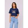 Kedi Baskılı Oversize Crop Tişört Salaş Basic Yarım Kol T-shirt - Lacivert