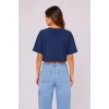 Kedi Baskılı Oversize Crop Tişört Salaş Basic Yarım Kol T-shirt - Lacivert