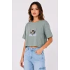 Kedi Baskılı Oversize Crop Tişört Salaş Basic Yarım Kol T-shirt - Mint Yeşili