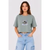 Kedi Baskılı Oversize Crop Tişört Salaş Basic Yarım Kol T-shirt - Mint Yeşili