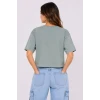 Kedi Baskılı Oversize Crop Tişört Salaş Basic Yarım Kol T-shirt - Mint Yeşili