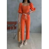 Keten Crop Karpuz Kol Bluz-pantolon Hasır Kemerli - Orange