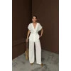 Keten V Yaka Belden Bağlamalı Bluz-pantolon Takım - Beyaz