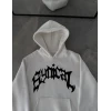 Kışlık Kapşonlu Baskılı Oversize Sweatshirt- Beyaz