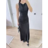 Kolsuz Büzgülü Uzun Elbise - Siyah