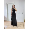 Kolsuz Büzgülü Uzun Elbise - Siyah