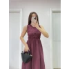 Kolsuz Göğüs Lastıklı Uzun Elbise - Bordo