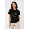 Köpek Figürlü Minimal Baskılı Tişört Kısa Kol Yazlık T-shirt - Siyah