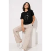 Köpek Figürlü Minimal Baskılı Tişört Kısa Kol Yazlık T-shirt - Siyah