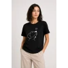 Köpek Figürlü Minimal Baskılı Tişört Kısa Kol Yazlık T-shirt - Siyah