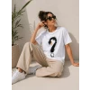 Kuğu Figürlü Soru İşareti Baskılı Tişört Kısa Kol T-shirt - Beyaz
