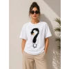 Kuğu Figürlü Soru İşareti Baskılı Tişört Kısa Kol T-shirt - Beyaz