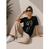 Kuğu Figürlü Soru İşareti Baskılı Tişört Kısa Kol T-shirt - Siyah
