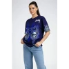 Lacivert Oversize Tişört Dragon - Kuru Kafa Baskılı Bisiklet Yaka T-shirt - Lacivert