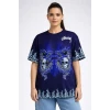 Lacivert Oversize Tişört Dragon - Kuru Kafa Baskılı Bisiklet Yaka T-shirt - Lacivert