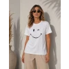 Minimal Gülümseyen Yüz Baskılı Tişört Kısa Kol Yazlık T-shirt - Beyaz