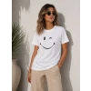 Minimal Gülümseyen Yüz Baskılı Tişört Kısa Kol Yazlık T-shirt - Beyaz