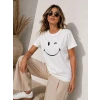 Minimal Gülümseyen Yüz Baskılı Tişört Kısa Kol Yazlık T-shirt - Beyaz