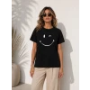 Minimal Gülümseyen Yüz Baskılı Tişört Kısa Kol Yazlık T-shirt - Siyah