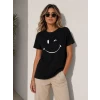 Minimal Gülümseyen Yüz Baskılı Tişört Kısa Kol Yazlık T-shirt - Siyah