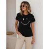 Minimal Gülümseyen Yüz Baskılı Tişört Kısa Kol Yazlık T-shirt - Siyah