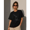 Minimal Kedi Çizim Baskılı Tişört Kısa Kol Yazlık T-shirt - Siyah