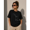 Minimal Kedi Çizim Baskılı Tişört Kısa Kol Yazlık T-shirt - Siyah