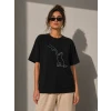 Minimal Kedi Çizim Baskılı Tişört Kısa Kol Yazlık T-shirt - Siyah