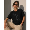 Minimal Kedi Çizim Baskılı Tişört Kısa Kol Yazlık T-shirt - Siyah