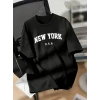 New York Baskılı Oversize Bisiklet Yaka T-shirt - Siyah