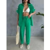 Omuz Midye Sıralı Bluz - Paça Pensli Pantolon Takım - Yeşil
