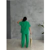 Omuz Midye Sıralı Bluz - Paça Pensli Pantolon Takım - Yeşil