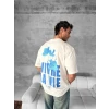 Ön Ve Arka Baskılı Oversize Bisiklet Yaka T-shirt- Beyaz