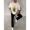 Ön Ve Arka Baskılı Oversize Bisiklet Yaka T-shirt- Beyaz
